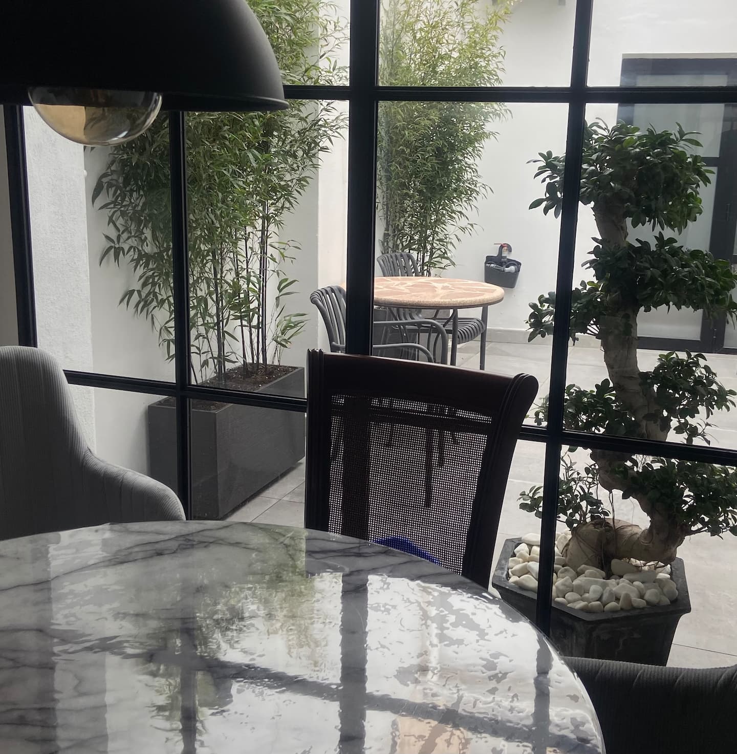Dining area: courtyard seen through glass