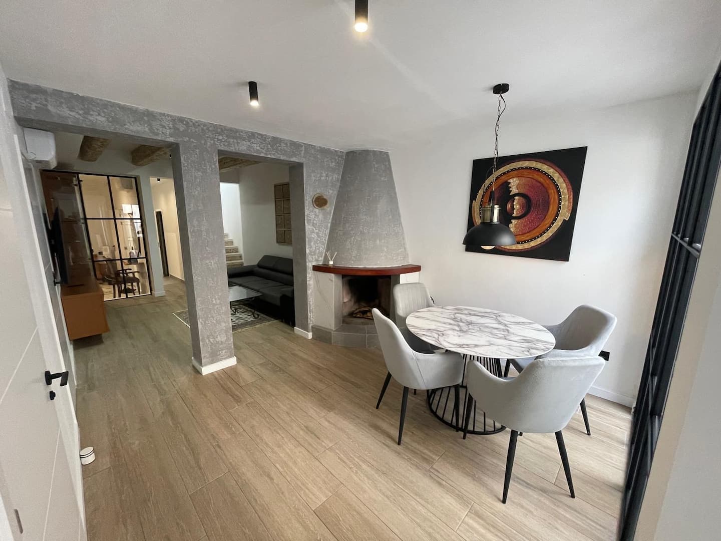 Dining area with wood-burning fireplace