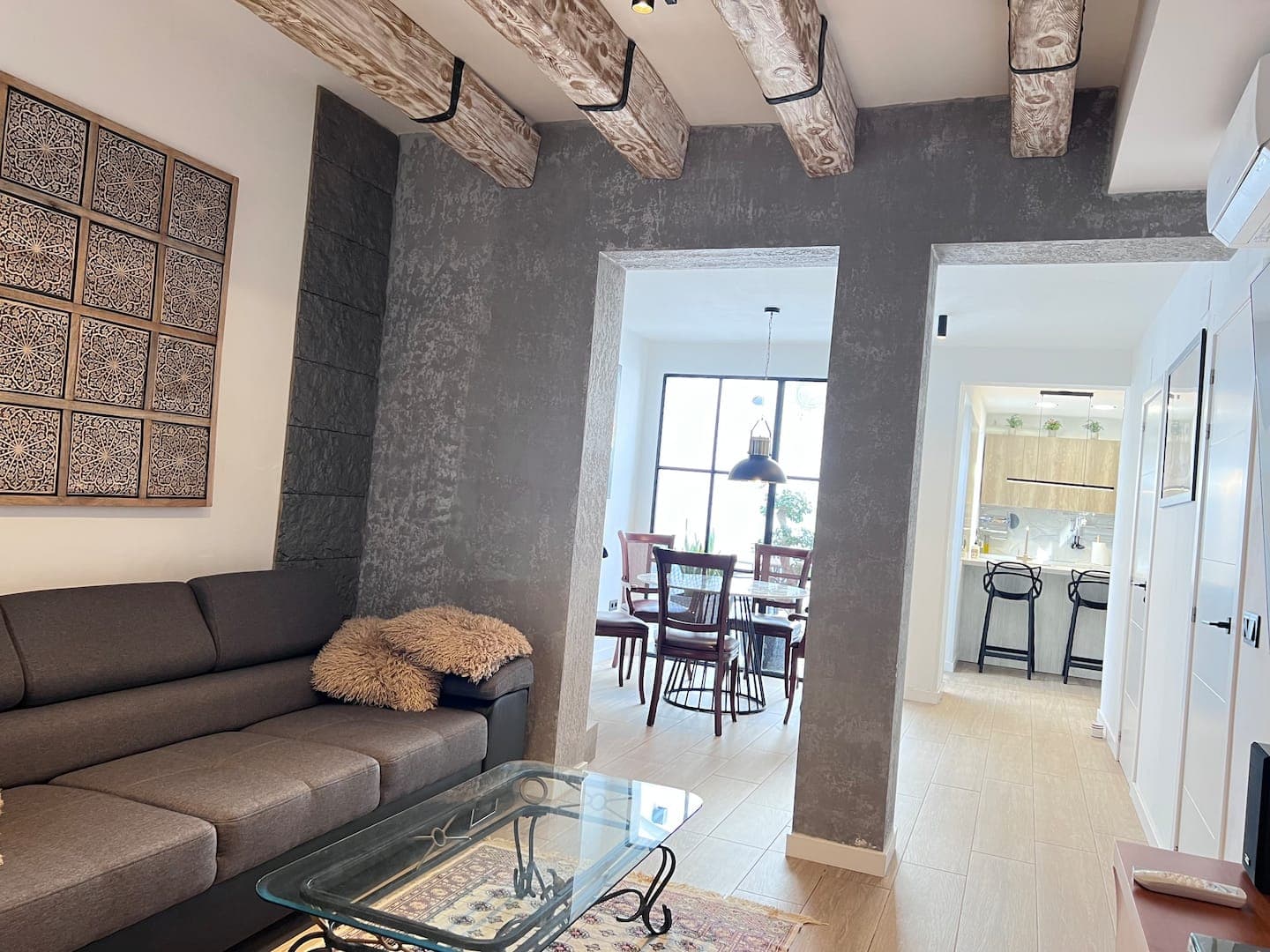 Living room with wooden beams